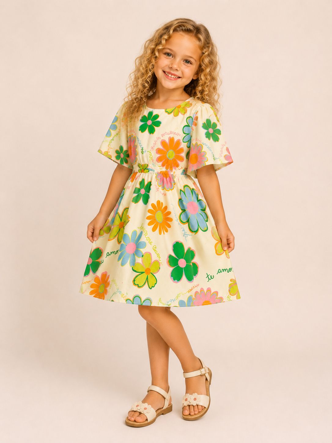 Vestido infantil floral colorido em fundo creme com mangas curtas