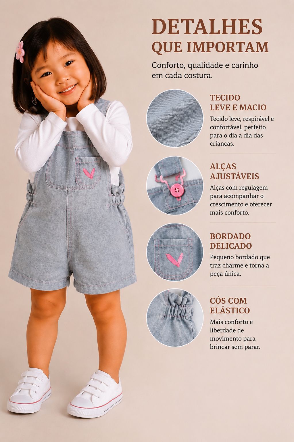 Jardineira infantil em jeans leve com bordado delicado e alças ajustáveis