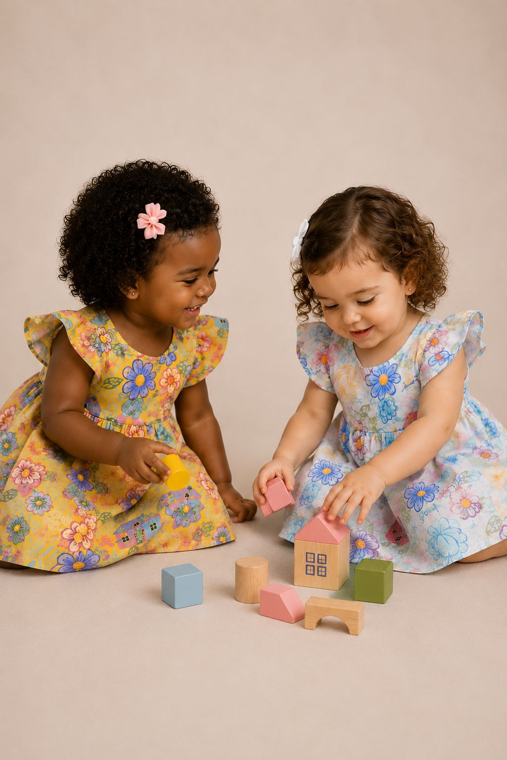 Vestido infantil floral com casinhas — disponível nas cores amarelo e branco