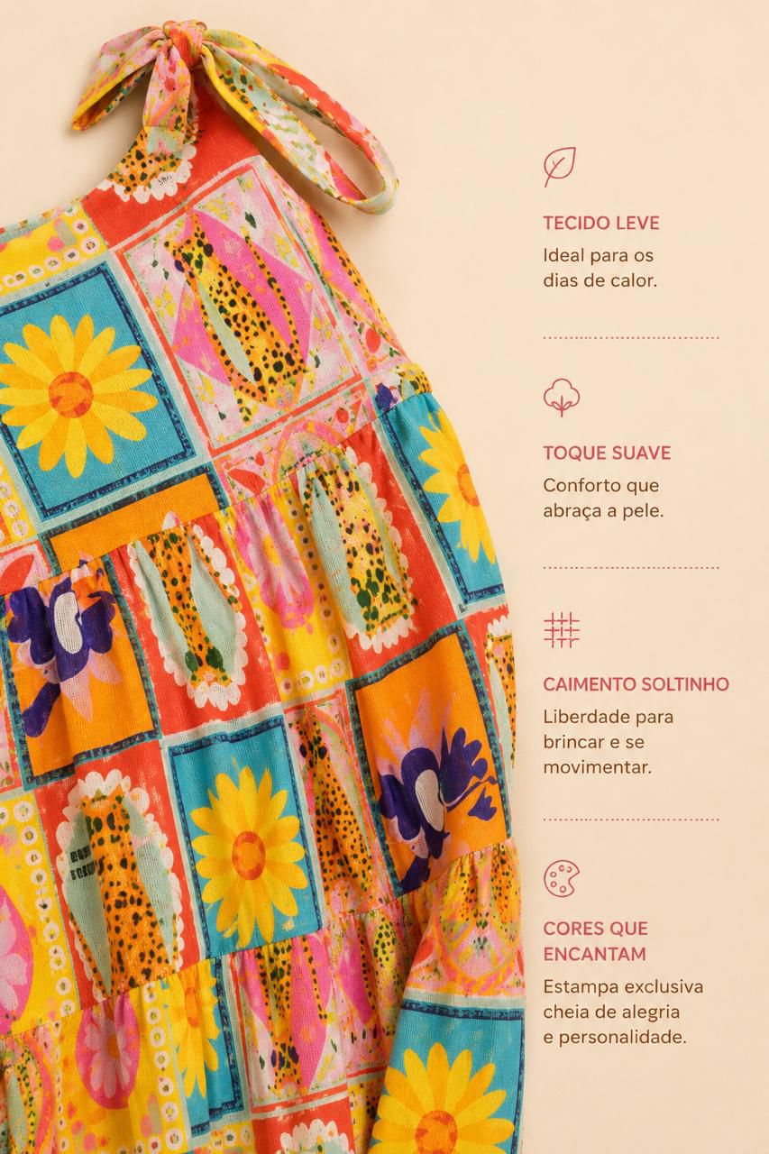 Vestido Savana com estampa patchwork colorida de bichos e flores
