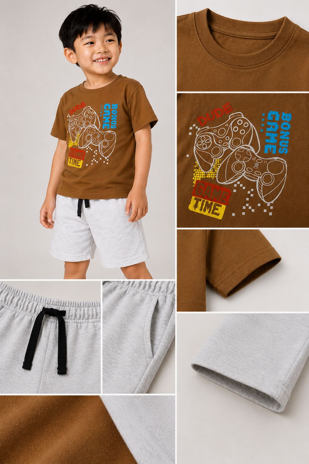 Conjunto infantil masculino Dude: camiseta marrom com estampa Bonus Game e bermuda cinza mescla