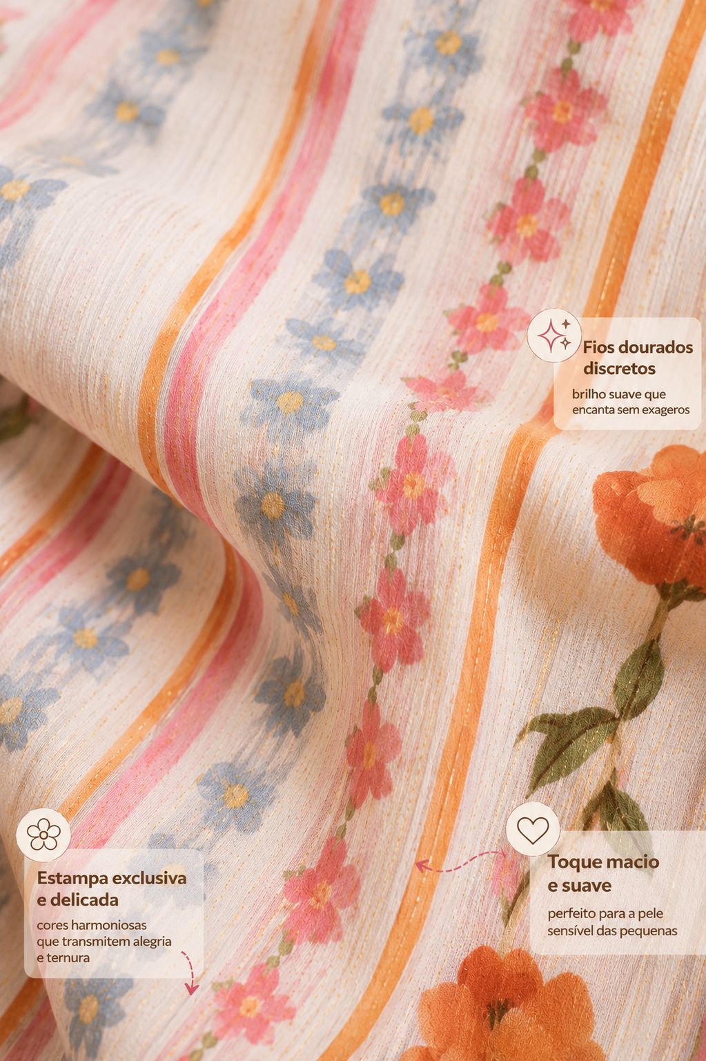 Macaquinho infantil floral com estampa exclusiva de flores e listras