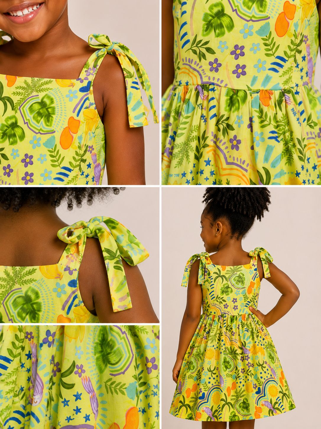 Vestido infantil amarelo com estampa tropical e alças de amarrar