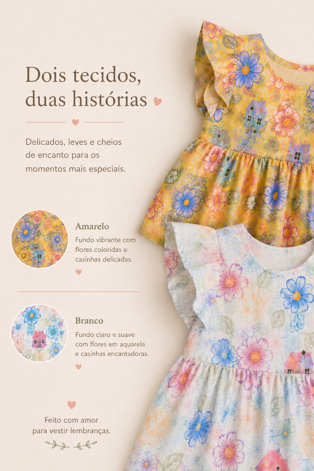 Vestido infantil floral com casinhas — disponível nas cores amarelo e branco