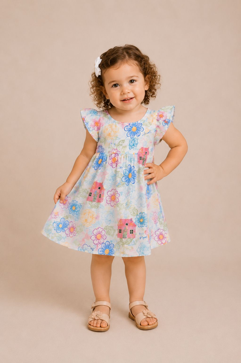 Vestido infantil floral com casinhas — disponível nas cores amarelo e branco
