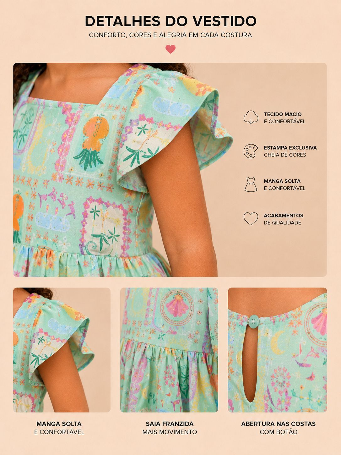 Vestido Encantado com estampa exclusiva — opções nas cores azul e verde