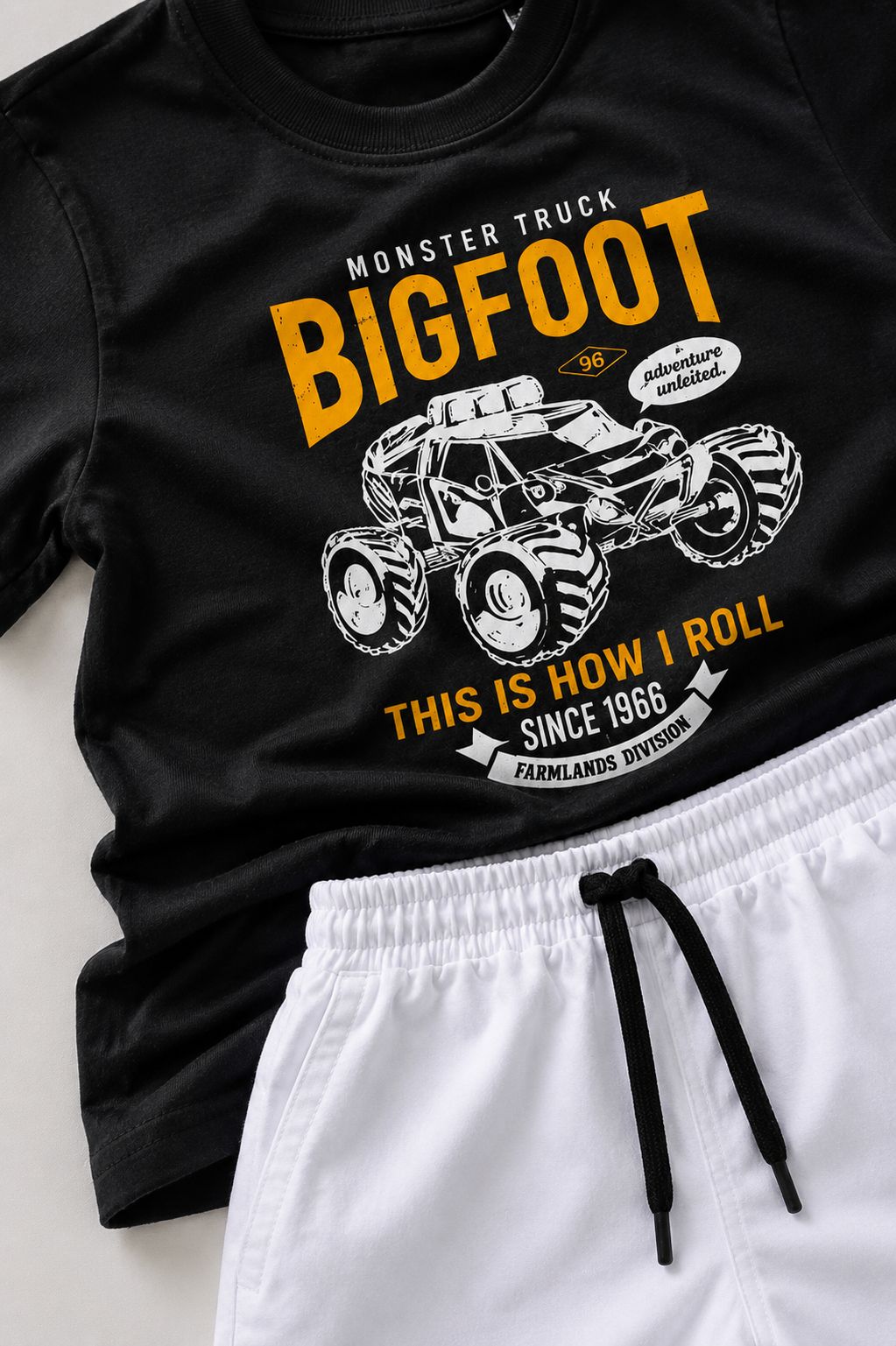Conjunto infantil masculino Bigfoot: camiseta preta com estampa Monster Truck e bermuda branca