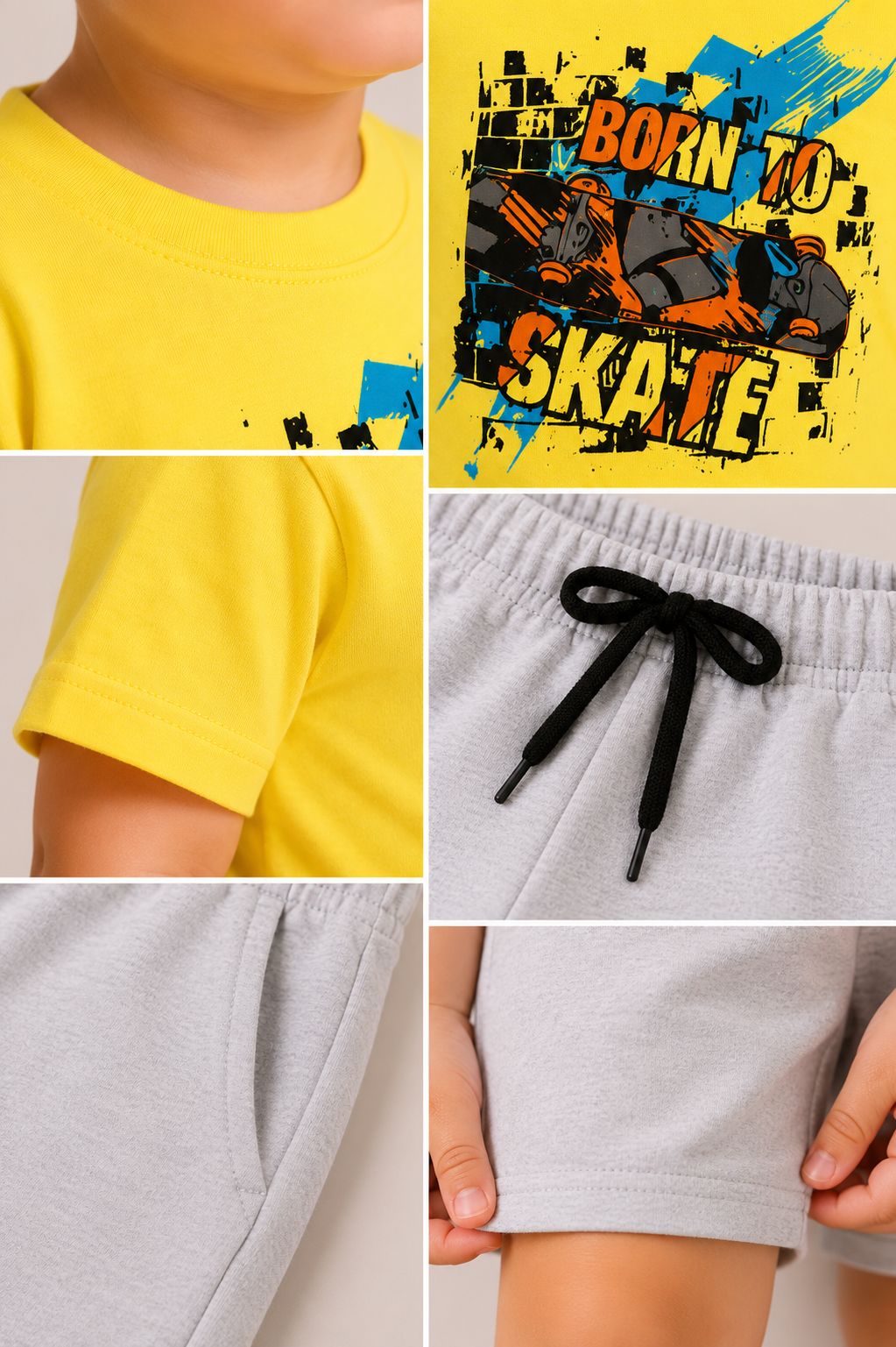 Conjunto infantil masculino Skate: camiseta amarela com estampa Born to Skate e bermuda cinza mescla
