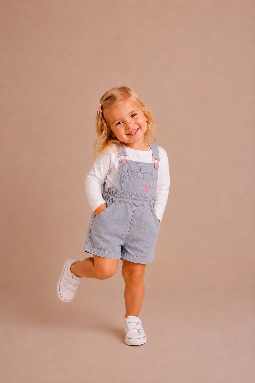 Jardineira infantil em jeans leve com bordado delicado e alças ajustáveis