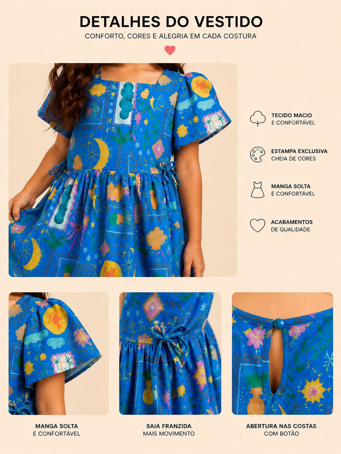 Vestido Encantado com estampa exclusiva — opções nas cores azul e verde