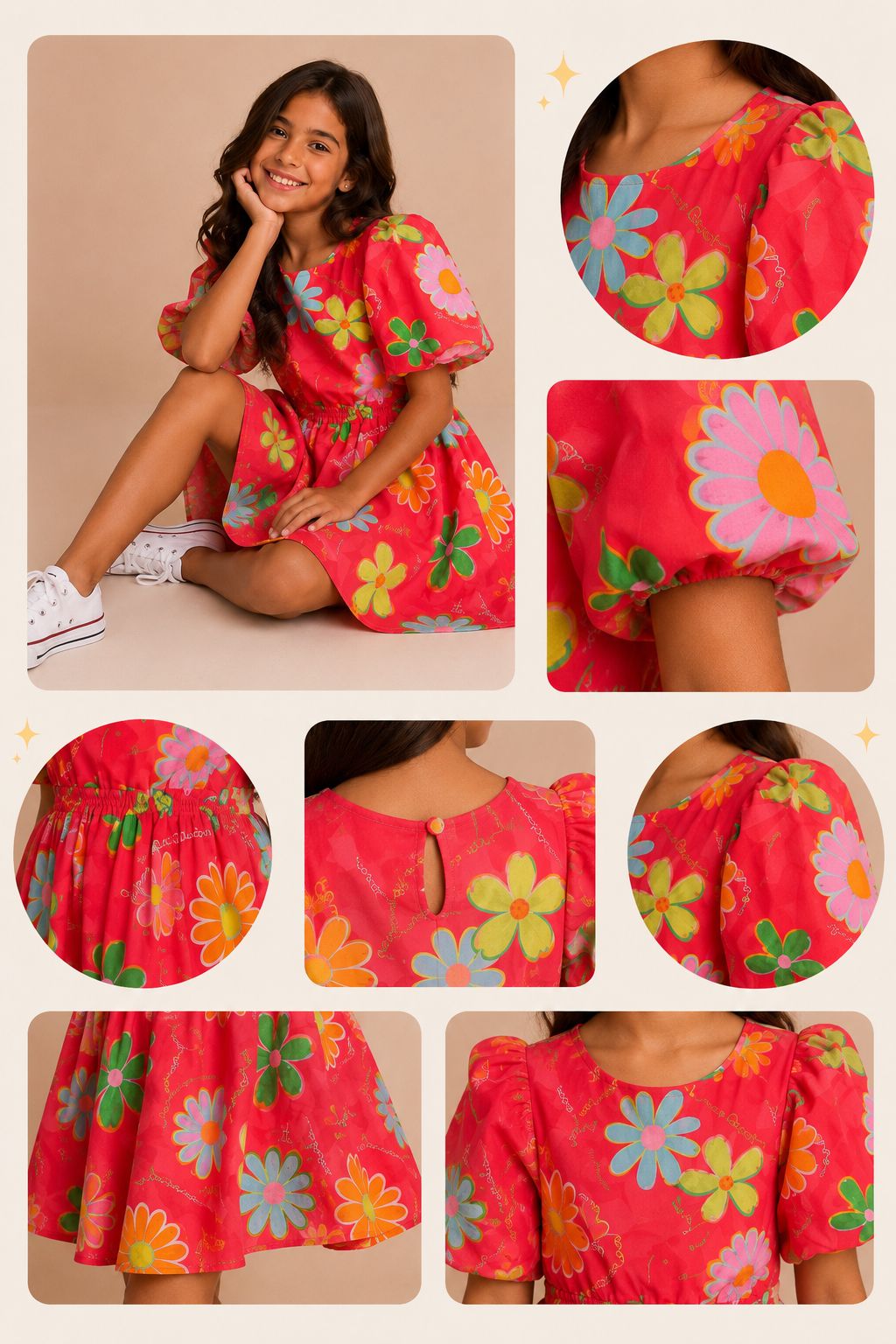 Vestido infantil vermelho floral com mangas bufantes