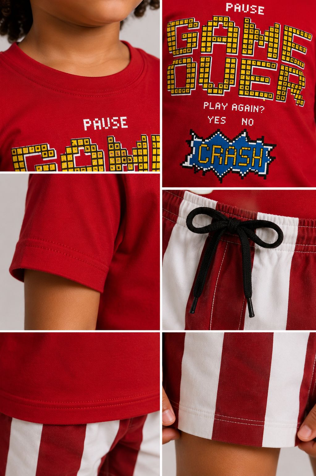 Conjunto infantil masculino Game Over: camiseta vermelha com estampa Game Over e bermuda listrada vermelha e branca