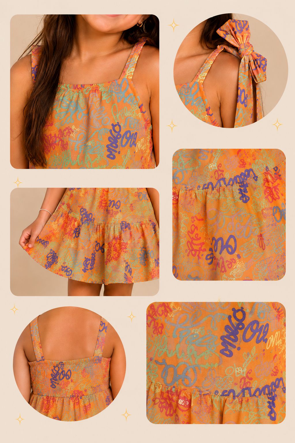 Vestido infantil laranja com estampa de rabiscos coloridos e laço de cabelo combinando