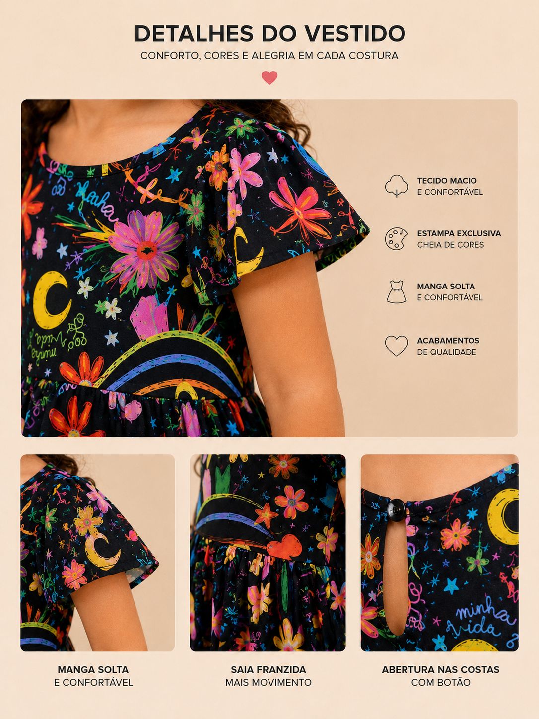 Vestido Sonhos com estampa exclusiva, floral e colorida