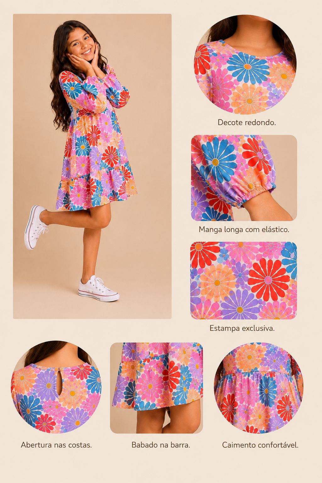 Vestido infantil floral colorido com manga longa e babado