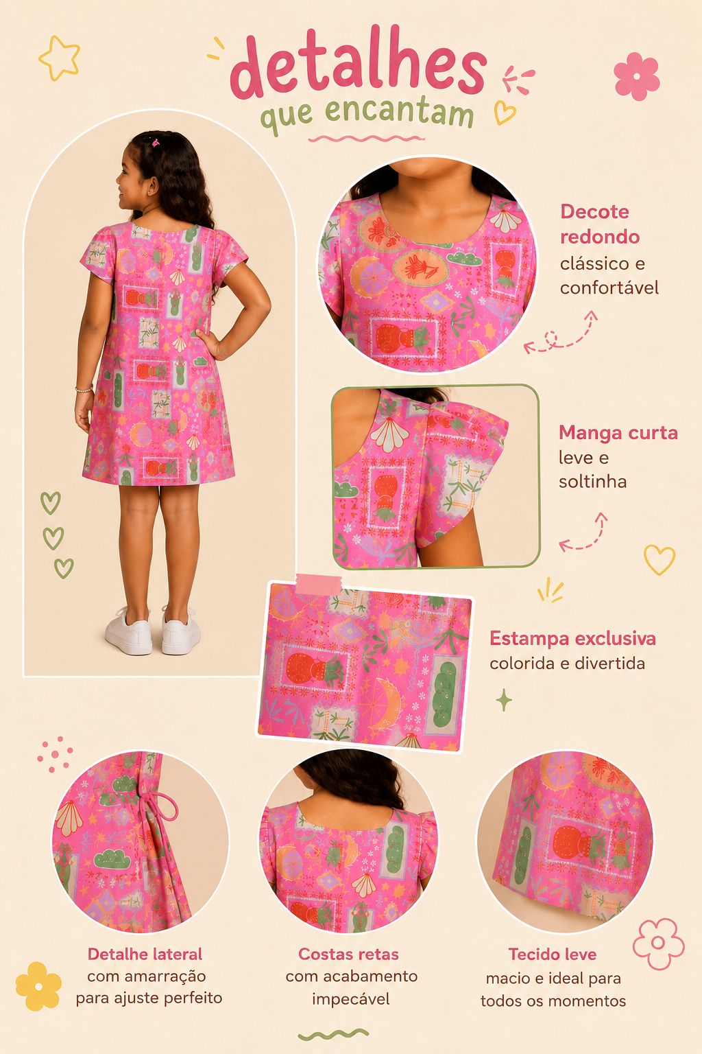 Vestido infantil rosa com estampa exclusiva colorida e manga curta soltinha