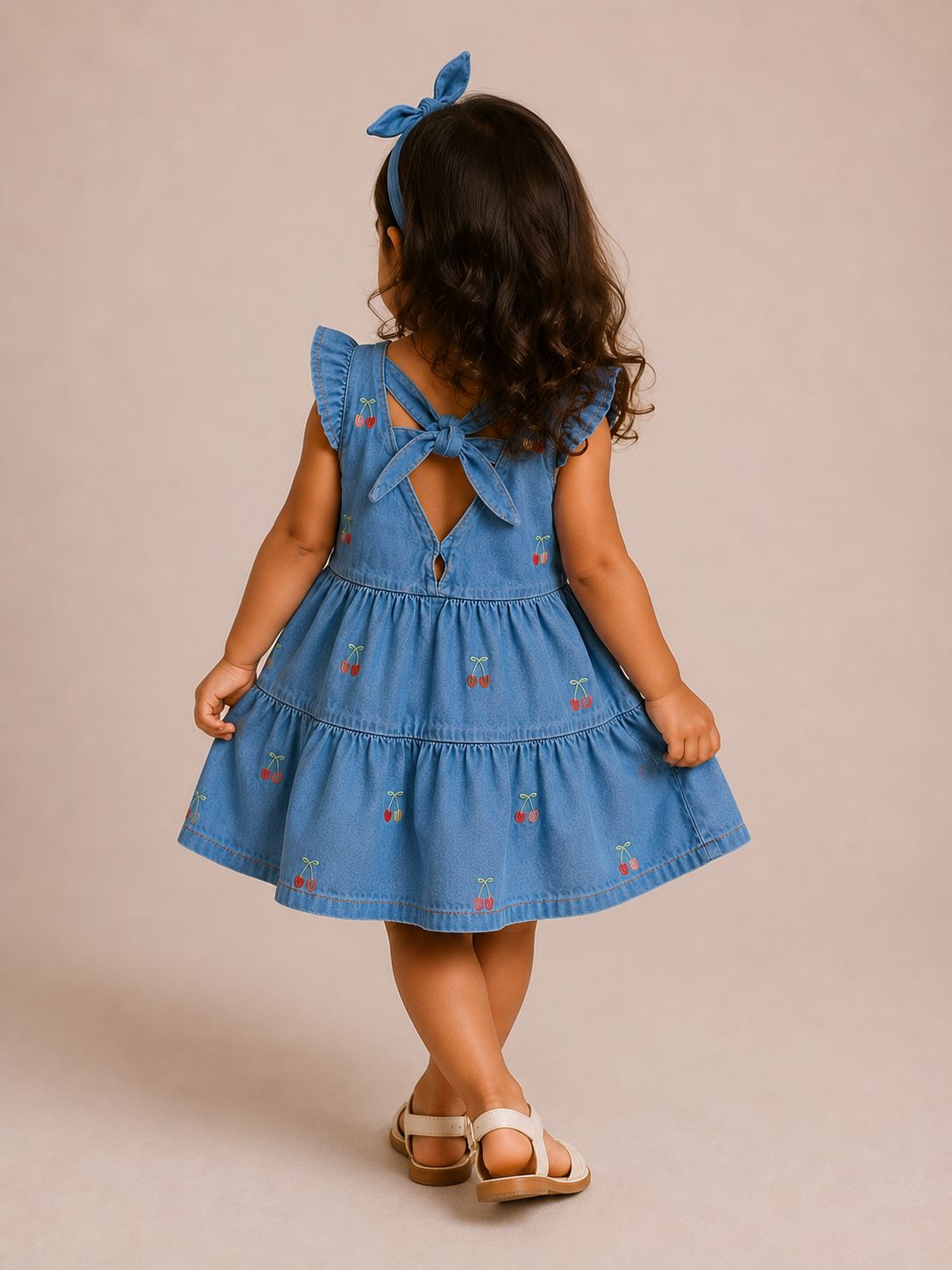 Vestido infantil jeans com bordado de cerejas e laço nas costas