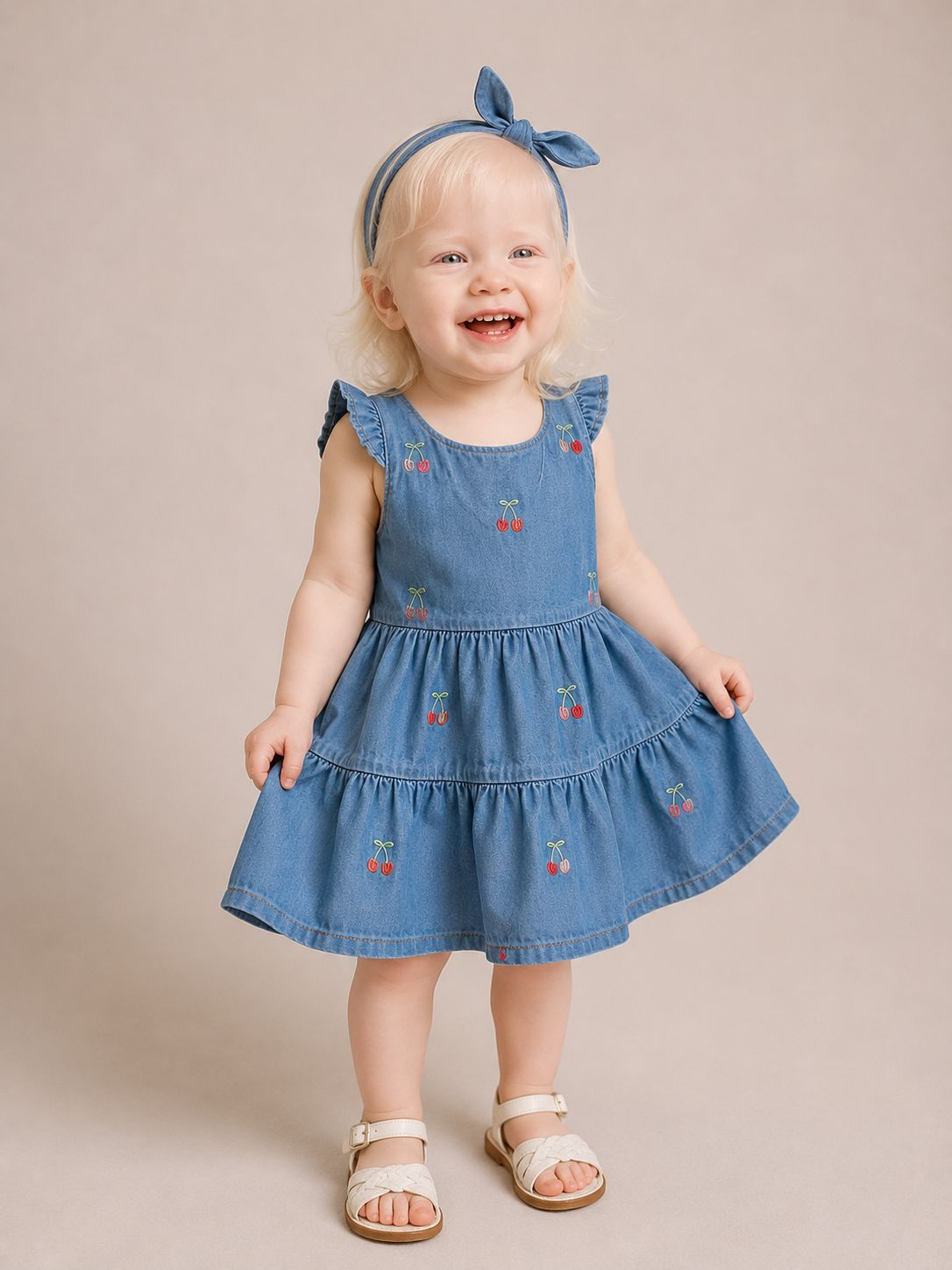 Vestido infantil jeans com bordado de cerejas e laço nas costas