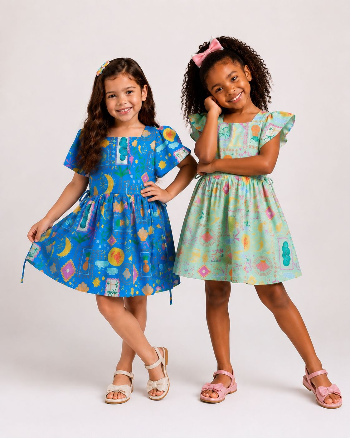Vestido Encantado com estampa exclusiva — opções nas cores azul e verde