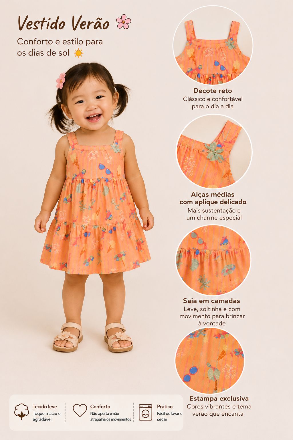 Vestido infantil laranja com estampa exclusiva de verão
