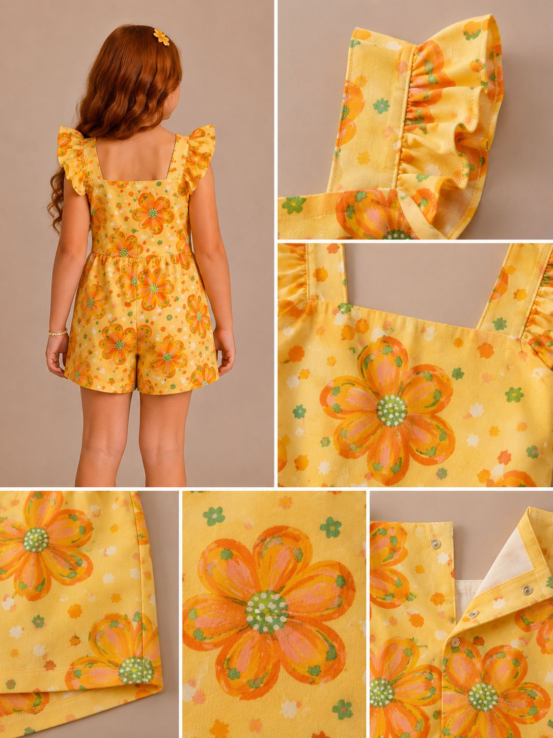 Macaquinho infantil amarelo com estampa floral exclusiva e babados nas alças