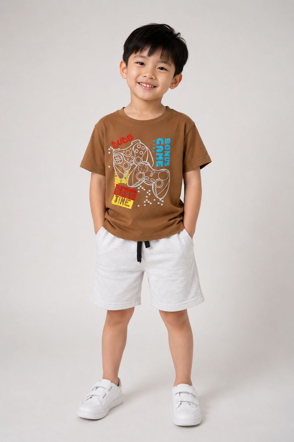 Conjunto infantil masculino Dude: camiseta marrom com estampa Bonus Game e bermuda cinza mescla