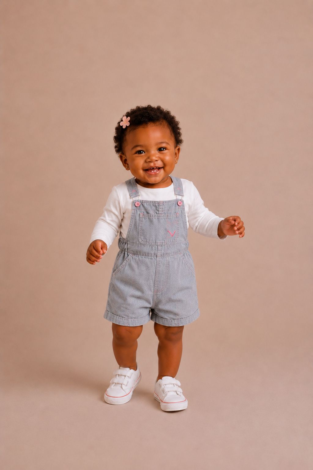 Jardineira infantil em jeans leve com bordado delicado e alças ajustáveis