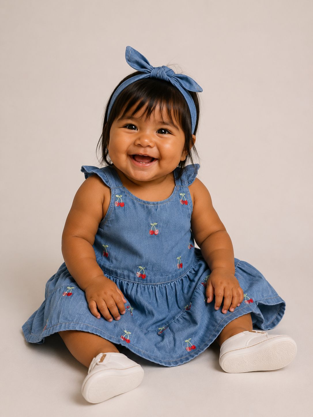 Vestido infantil jeans com bordado de cerejas e laço nas costas
