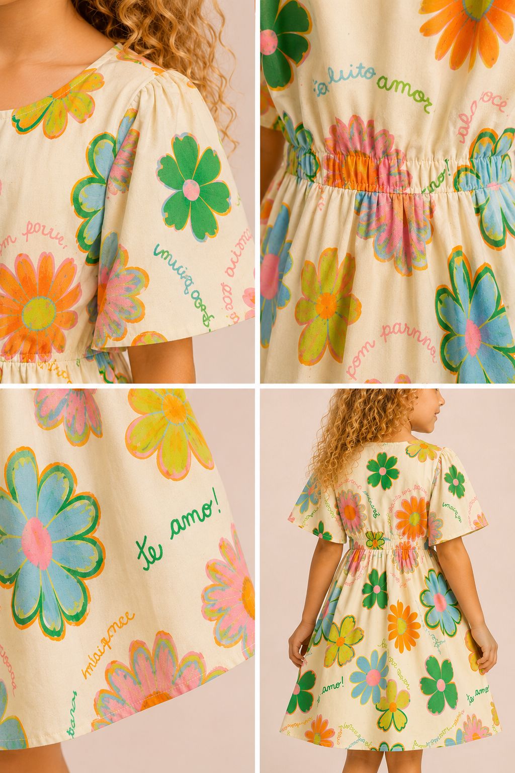 Vestido infantil floral colorido em fundo creme com mangas curtas