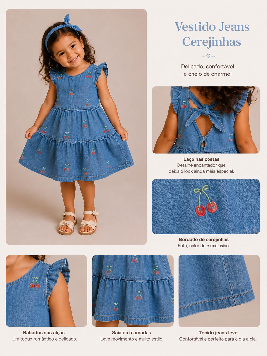 Vestido infantil jeans com bordado de cerejas e laço nas costas