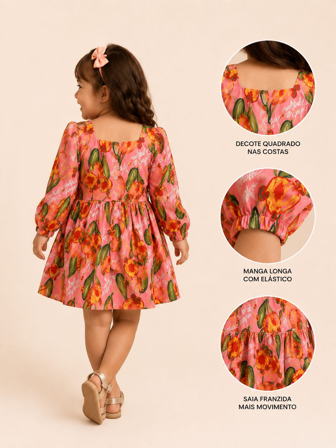 Vestido Caju com estampa floral rosa, manga longa e saia franzida